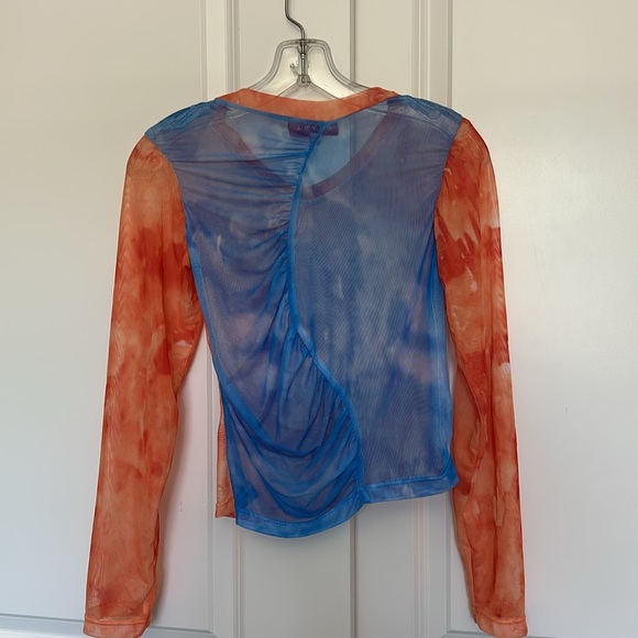 Dayra Y2K Sheer Asymmetrical Ruching Mesh Orange & Blue Long Sleeve Top Size M - Picture 3 of 4